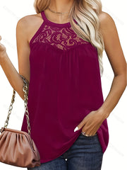 Solid Lace Splicing Top Sleeveless Crew Neck Summer Top