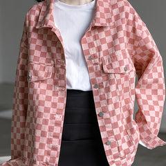 Pink Checkerboard Lapel Denim Jackets Long Sleeves Drop Shoulder Denim Coats