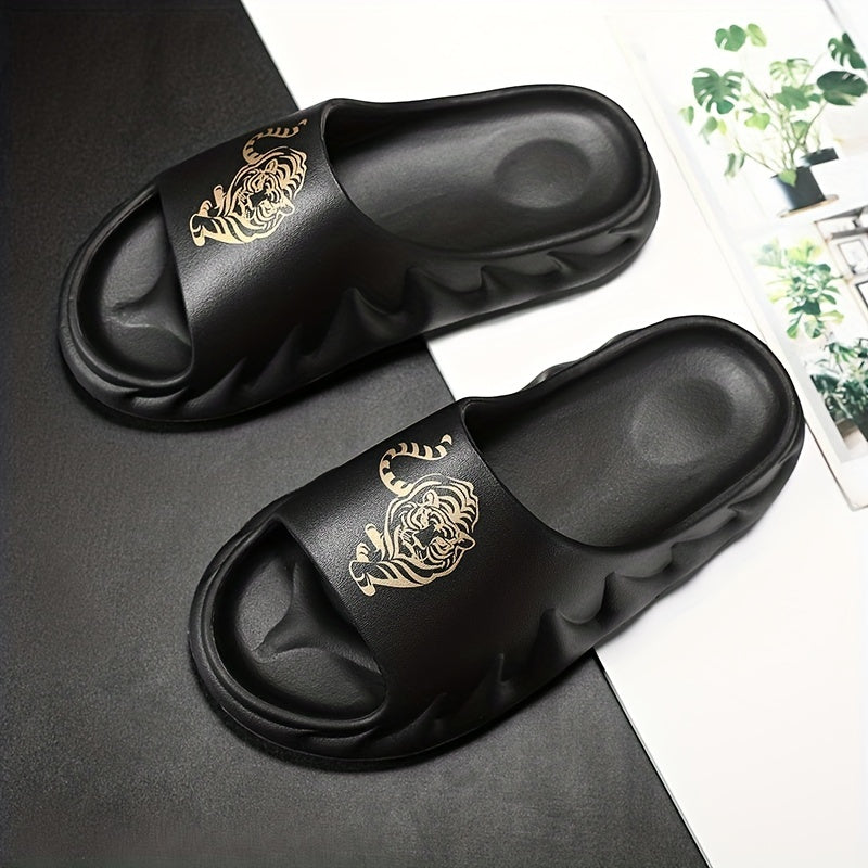 Men's Tiger Print Open Toe Slip On Slides Soft Sole Non slip Slippers