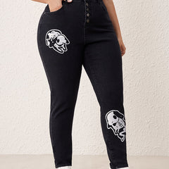 High Rise Skinny Jeans with Skull Rabbit Print