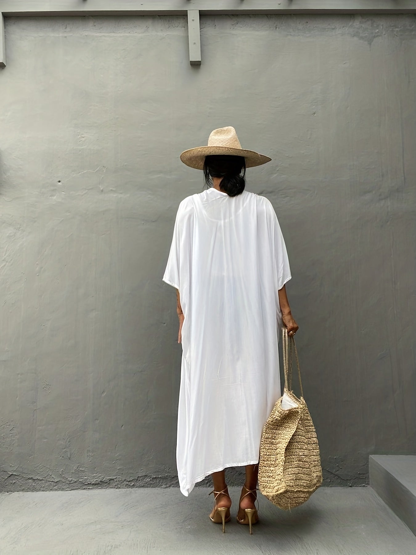 Solid Cover Up Shirt V Neck Loose Fit Non Stretch Beachwear Kimono