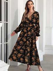 Floral Print Flounce Sleeve Maxi Dress With Belt