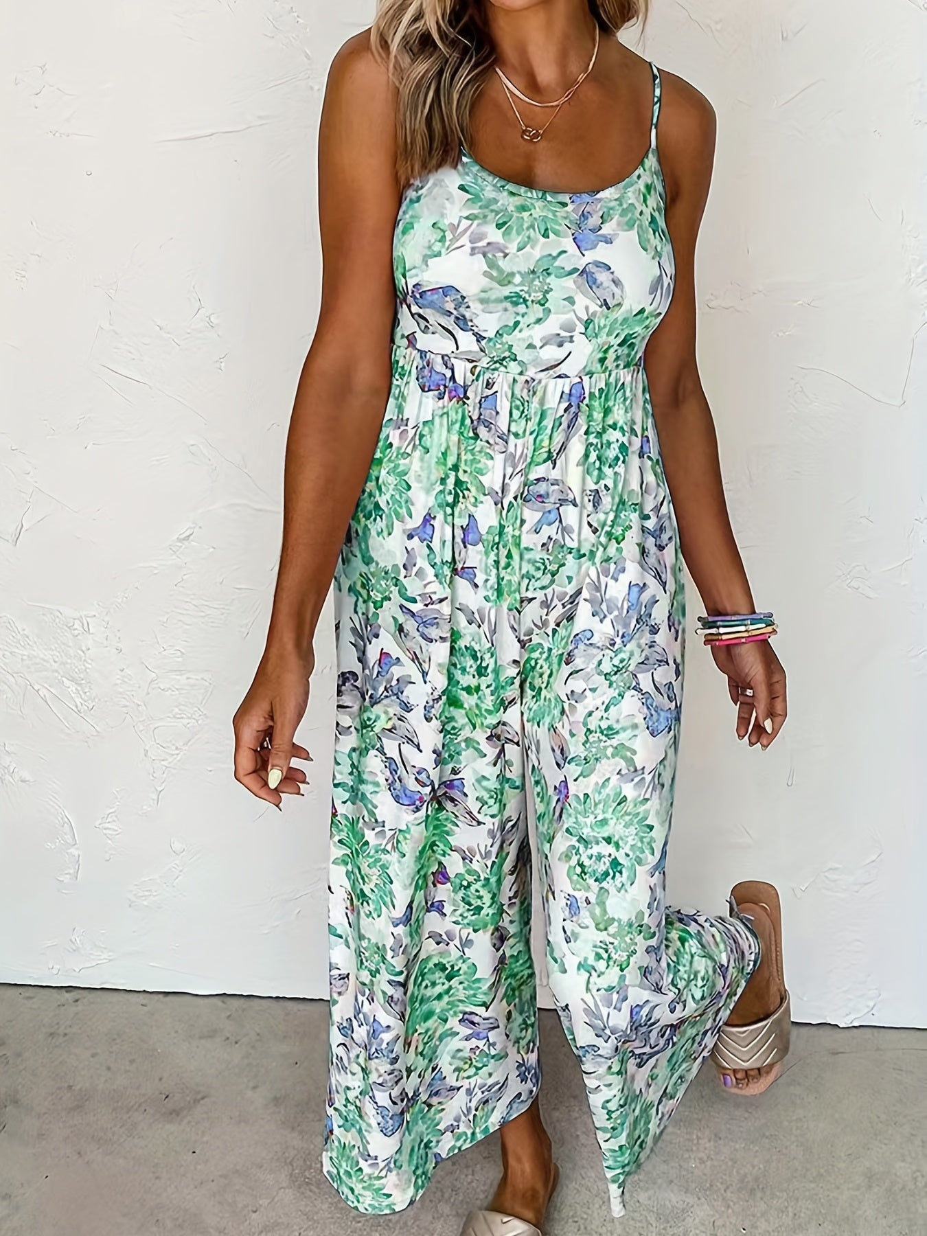 Women's Plus Floral Print Round Neck High Stretch Pleated Cami Jumpsuit