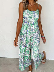 Women's Plus Floral Print Round Neck High Stretch Pleated Cami Jumpsuit