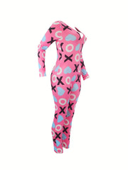 Heart Print Lounge Jumpsuit Long Sleeve V Neck Buttons Romper Women's Loungewear