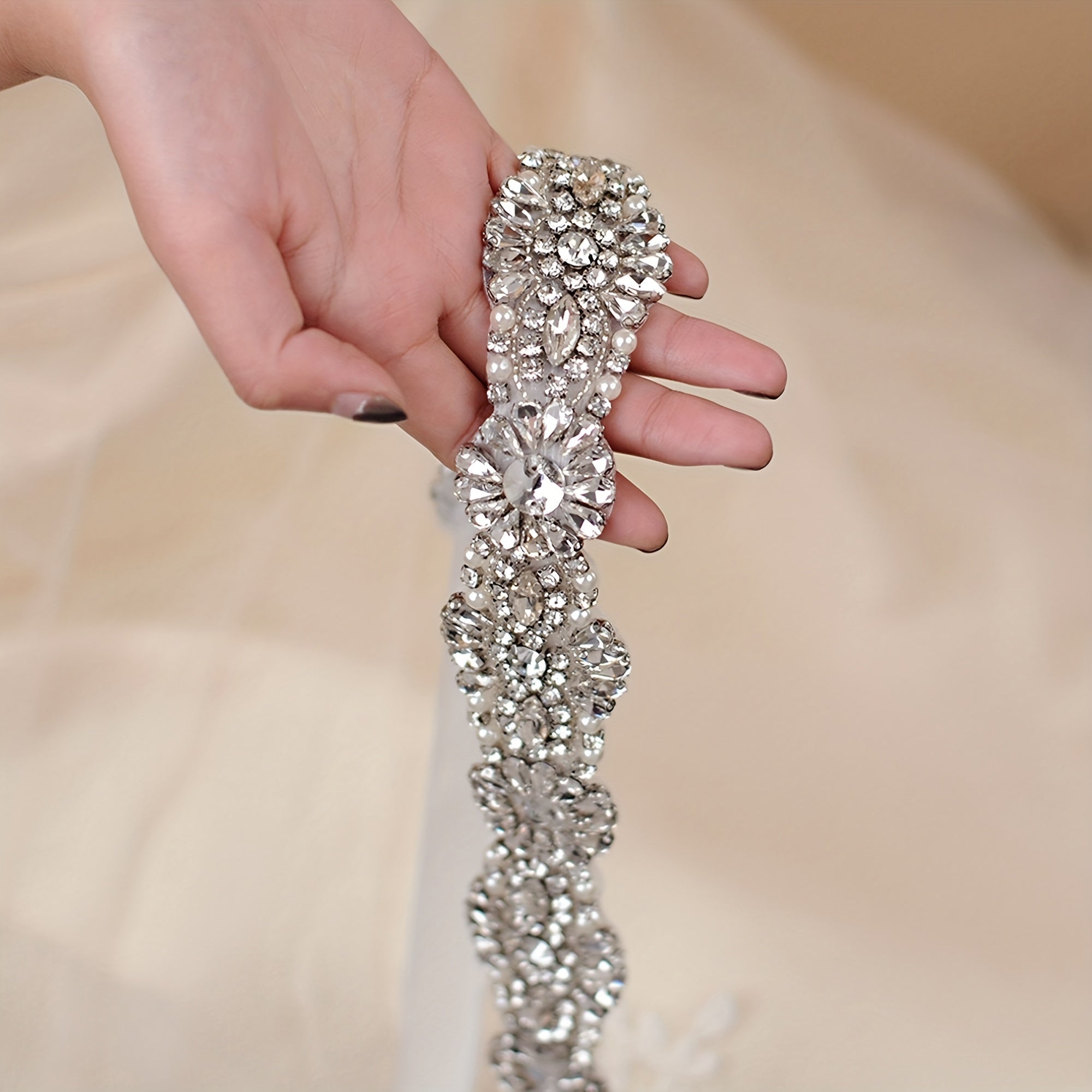 Beaded Flower Rhinestone Decor Waistband Sash Belt Bridal Accessory