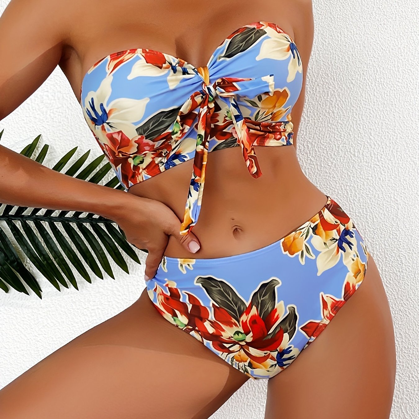 Floral Print Bandeau Bikini Set Tie Front Tube Top