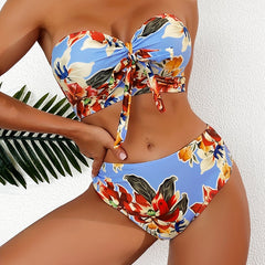 Floral Print Bandeau Bikini Set Tie Front Tube Top