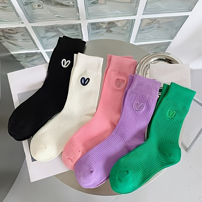 5 Pairs Heart Embroidery Comfy Mid Tube Socks Women's Stockings