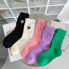 5 Pairs Heart Embroidery Comfy Mid Tube Socks Women's Stockings