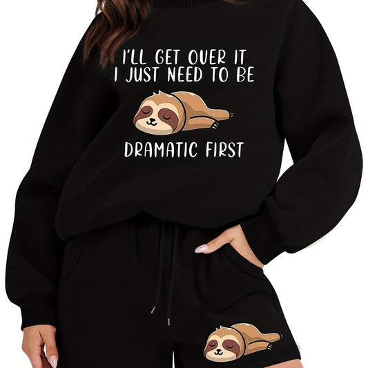 Plus Sloth Print Crew Neck Pullover & Shorts Set
