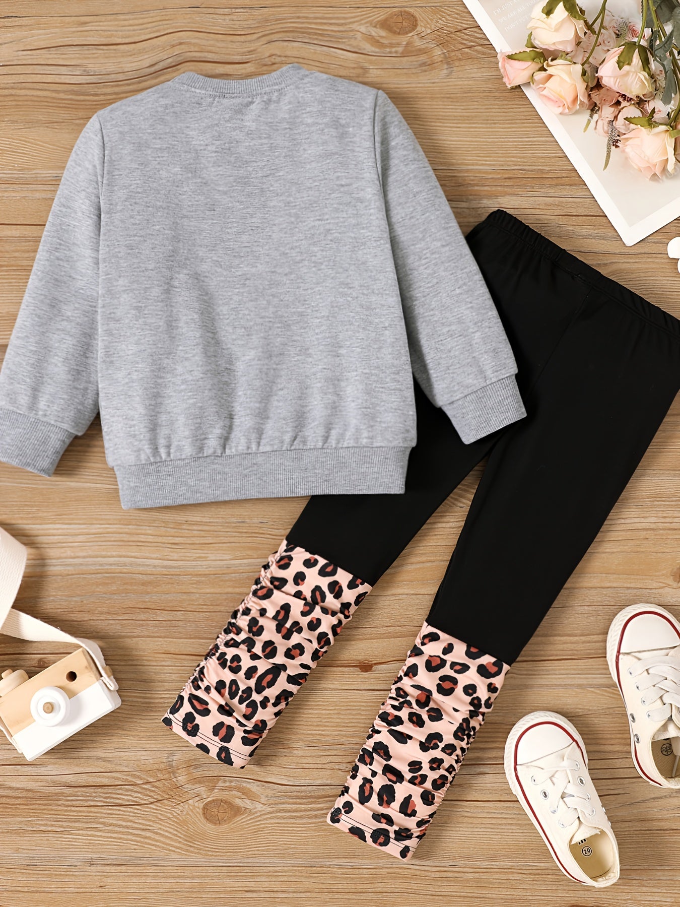 Toddler Girl Figure Print Pullover Sweatshirt And Leopard Panel Pants Set
