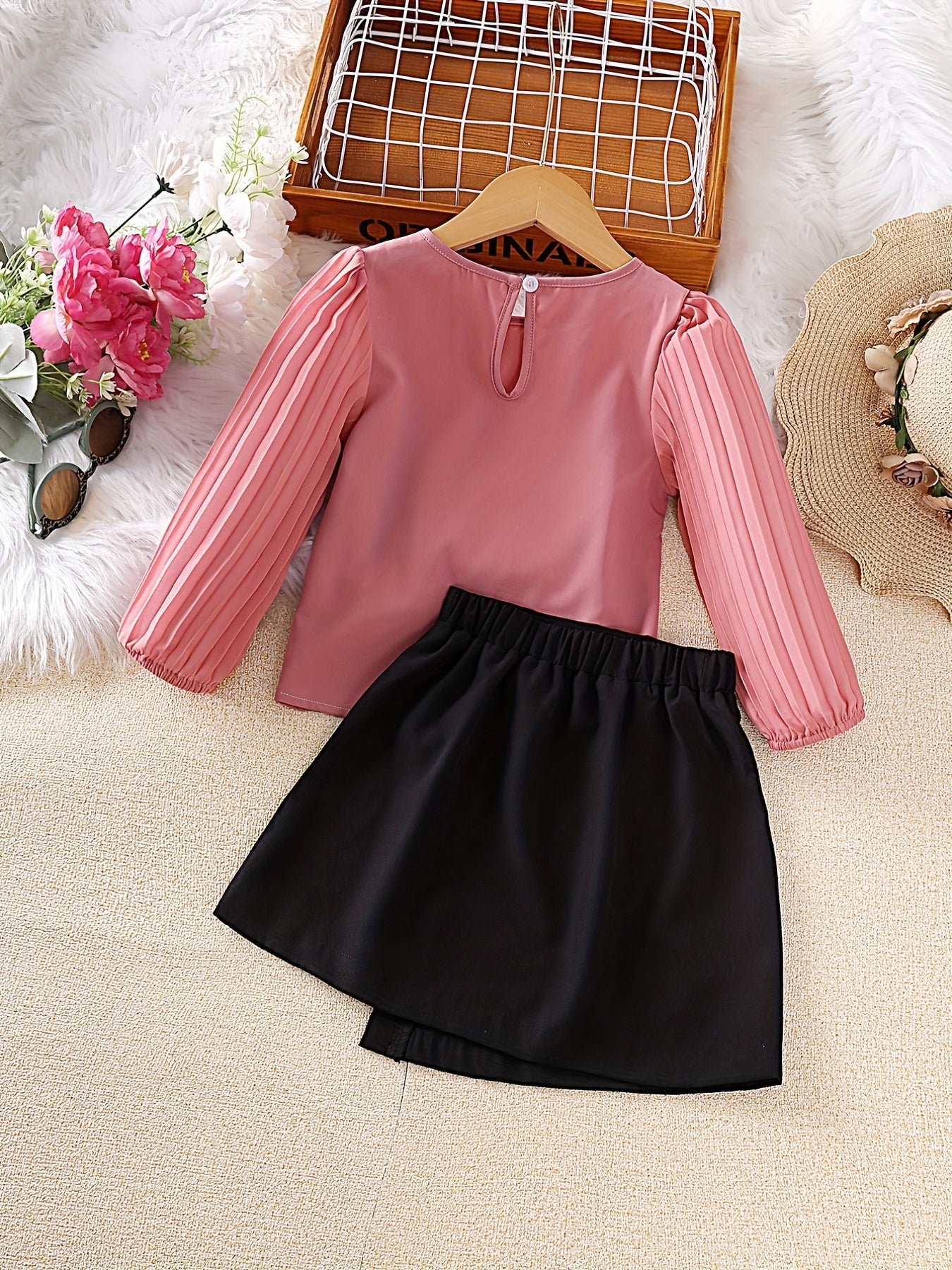 Girl's Pleated Top & Skirt Set Casual Outfits for Spring