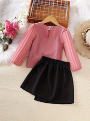 Girl's Pleated Top & Skirt Set Casual Outfits for Spring