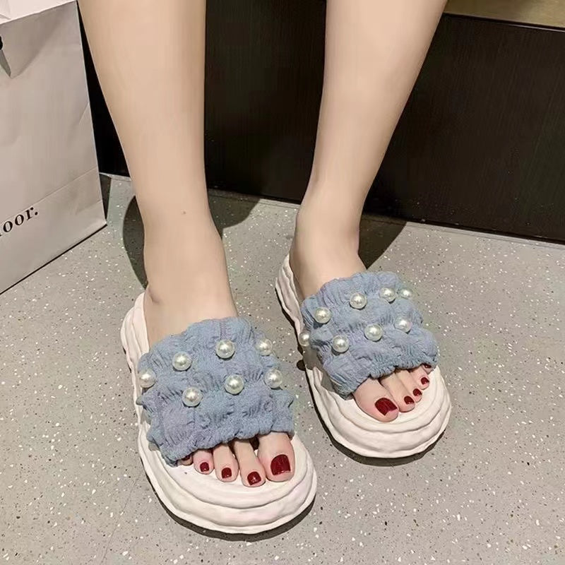 Ruched Faux Pearl Slippers Platform Comfy Indoor & Outdoor Slides
