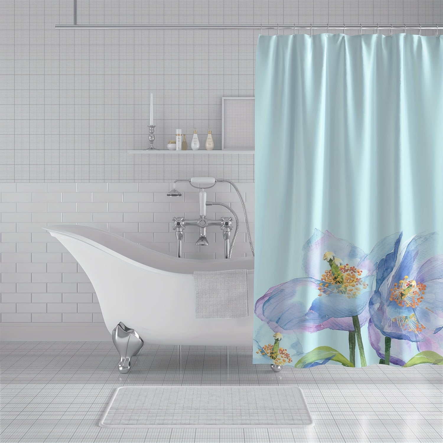 Flower Pattern Shower Curtain Waterproof Fabric