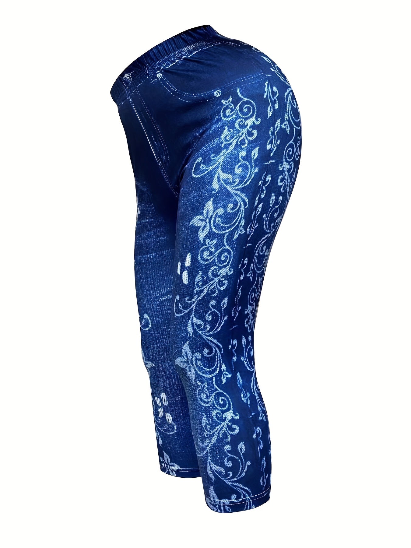 Denim & Floral Print Skinny Capris Leggings for Women