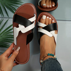 Women's Cross Strap Flat Slides Colorblock Open Toe Sandals