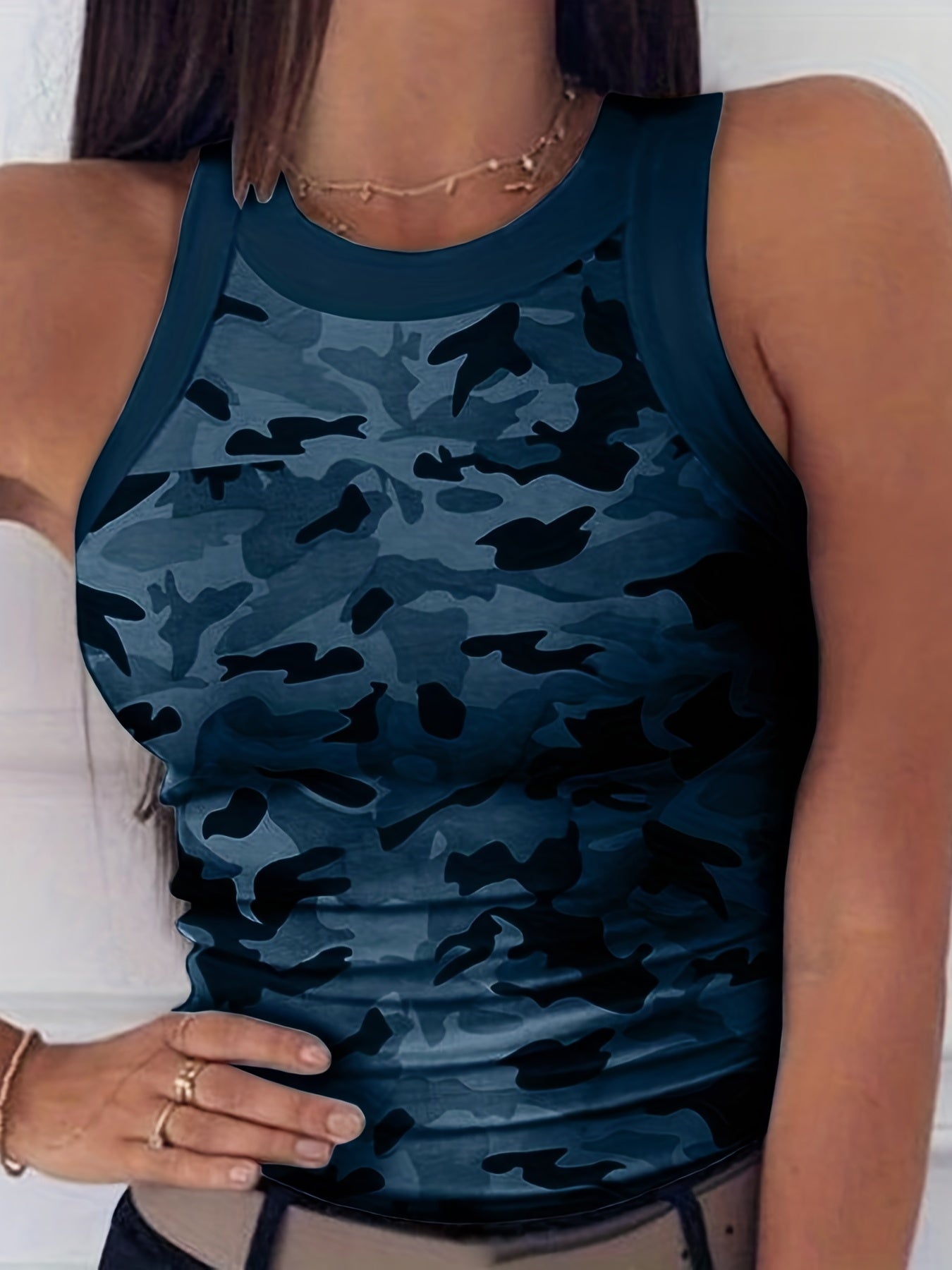 Y2K Camo Print Tank Top Sleeveless Crew Neck Summer Women's Clothing