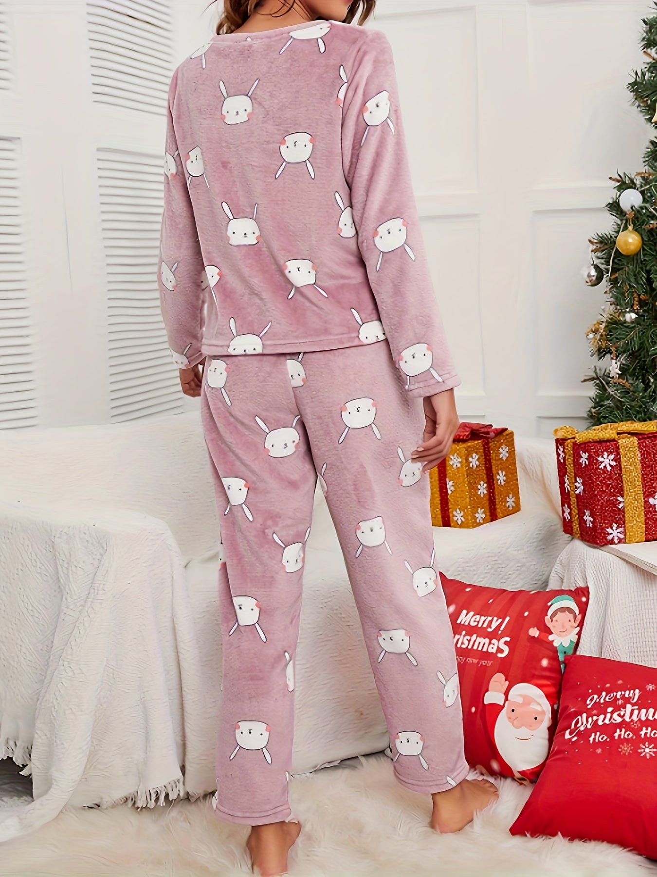 Bunny Pattern Plush Pajama Set Long Sleeve Top & Pants