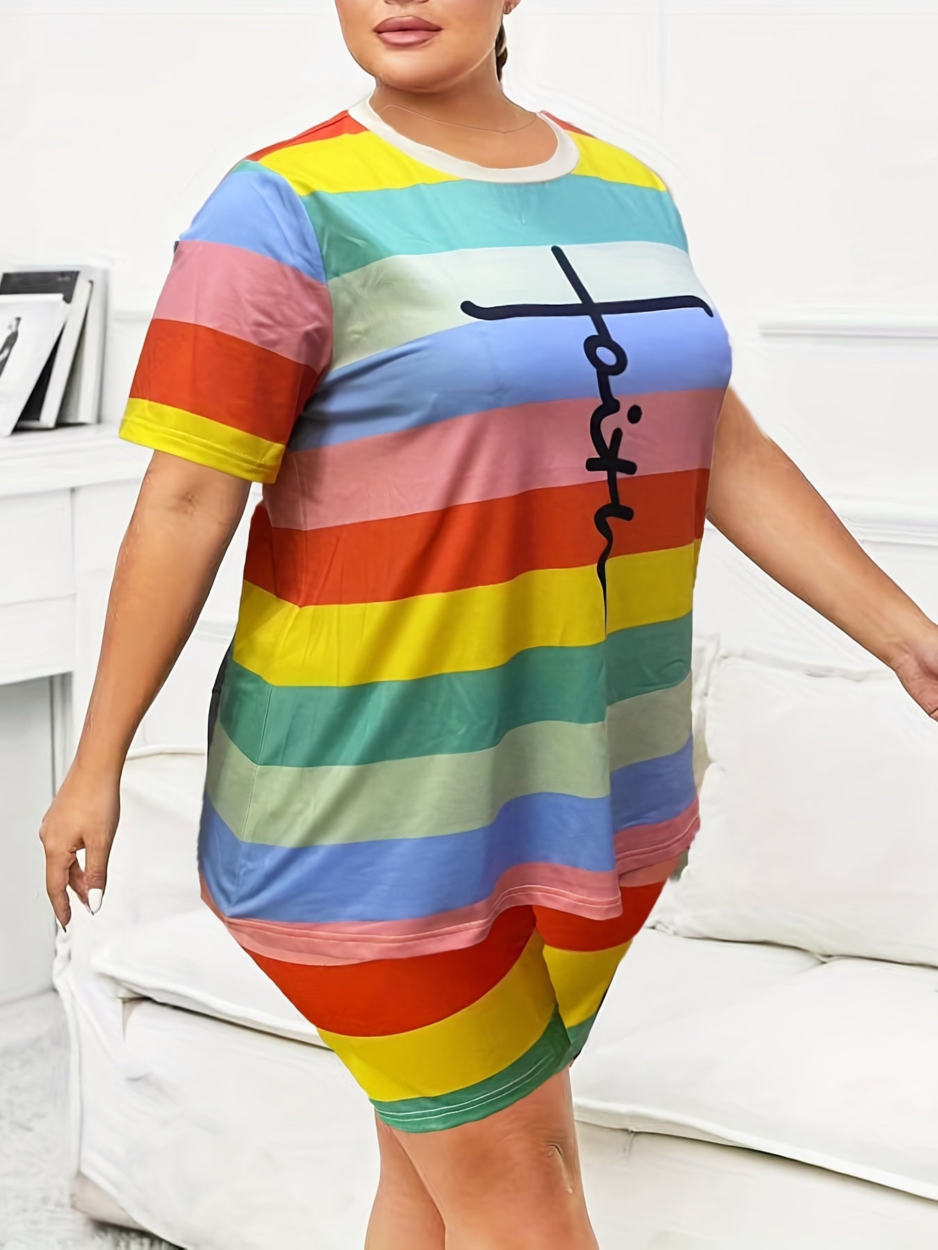 Women's Plus Stripe Letter Print Tee & Shorts Two Piece Set