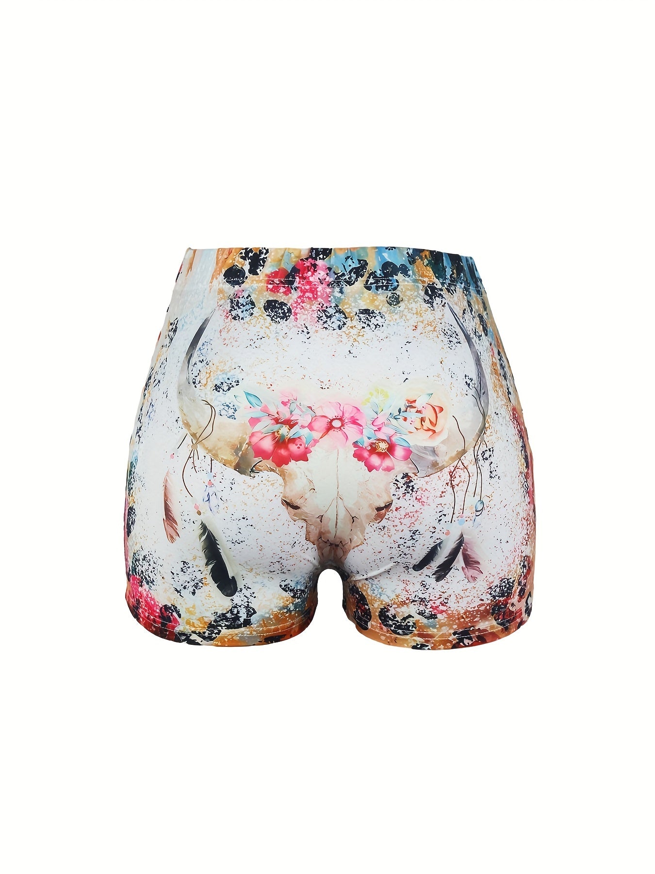 Flower & Cow Skull Print Skinny Shorts Elastic Waist Summer Clothing