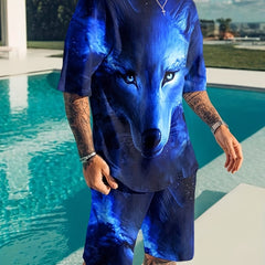 3D Wolf Pattern Print Men's 2Pcs Outfits Short Sleeve T shirt And Draw