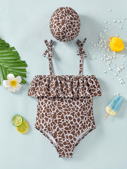Leopard Bow Spaghetti Strap Swimsuit for Girls