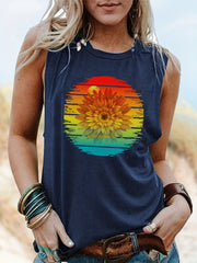 Sunflower Print Round Neck Tank Top for Women