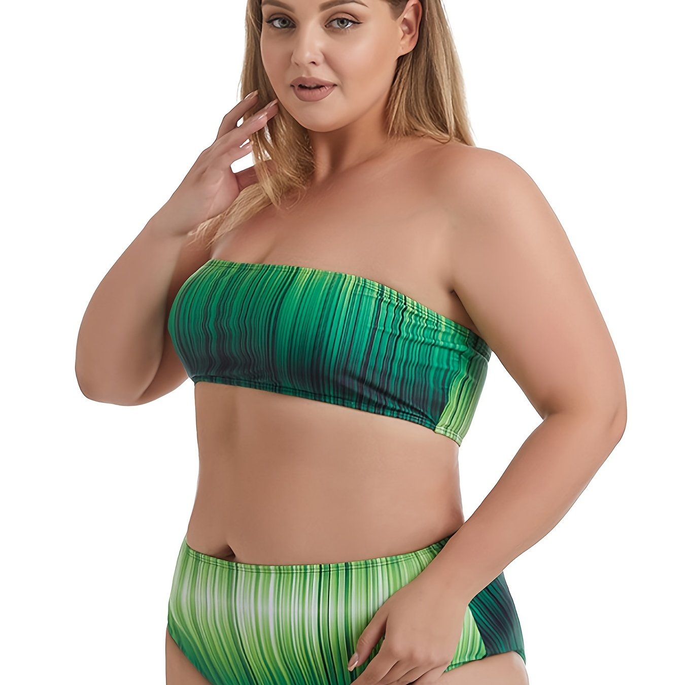Colorblock Striped Print Tube Bikini Set Plus Size Medium Stretch Bathing Suit