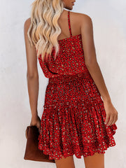Leopard Print Ruffle Trim Cami Dress Casual V neck Spaghetti Strap Dress