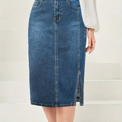 Solid High Rise Midi Denim Skirt