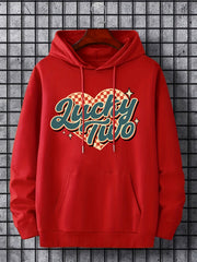 Men's Lucky Two Print Hoodie Casual Slightly Stretch Drawstring Hooded Sweatshir