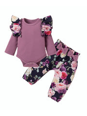 Baby Girl Botanical Floral Ruffled Romper & Pants Set
