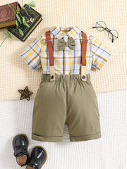 Baby Boy Gentleman 2pcs Set Plaid Shirt & Bib Pants Outfit