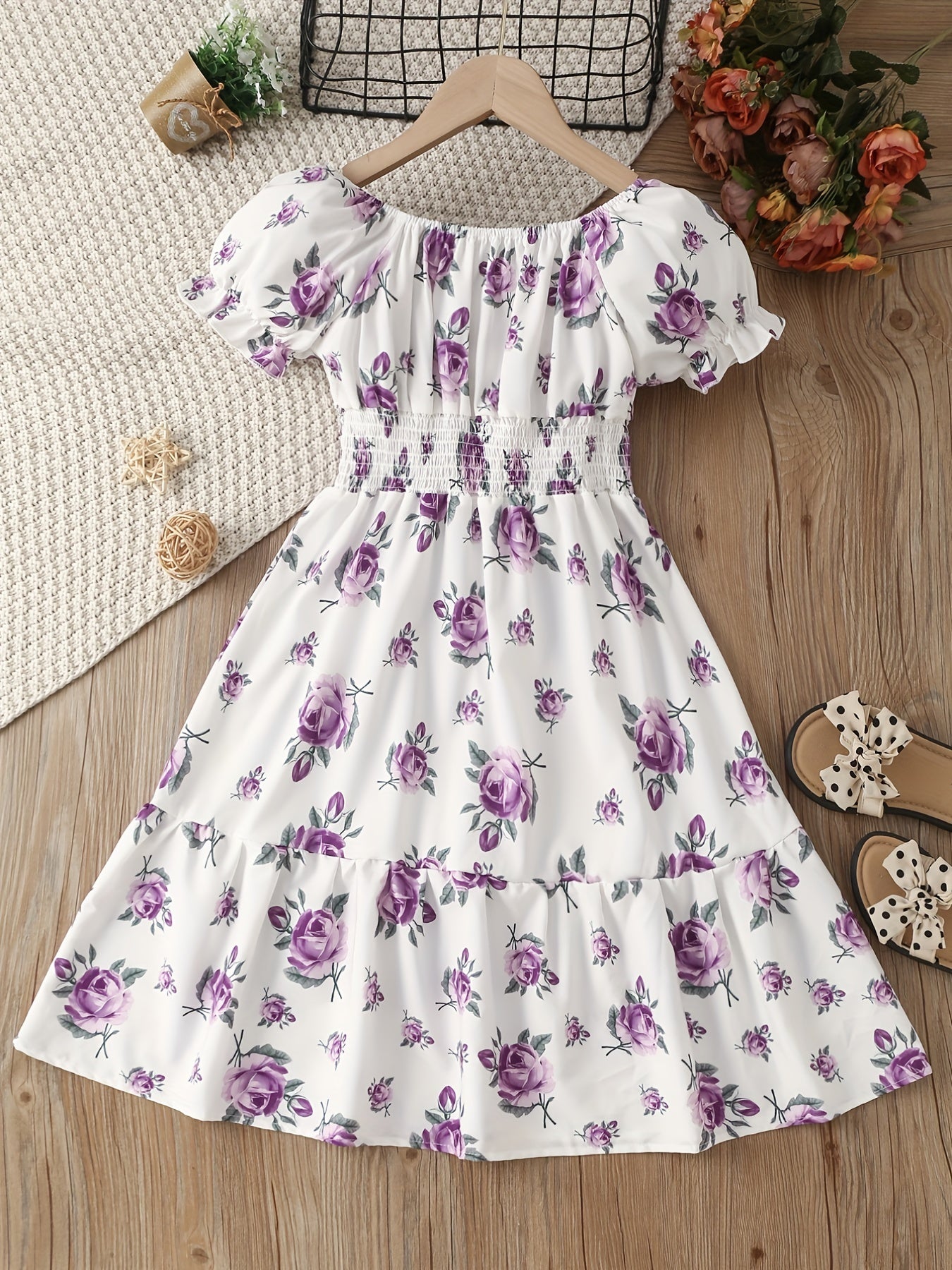 Girls Floral Dress Stretchy Waist Swing Dresses Short Sleeve