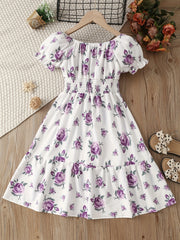 Girls Floral Dress Stretchy Waist Swing Dresses Short Sleeve