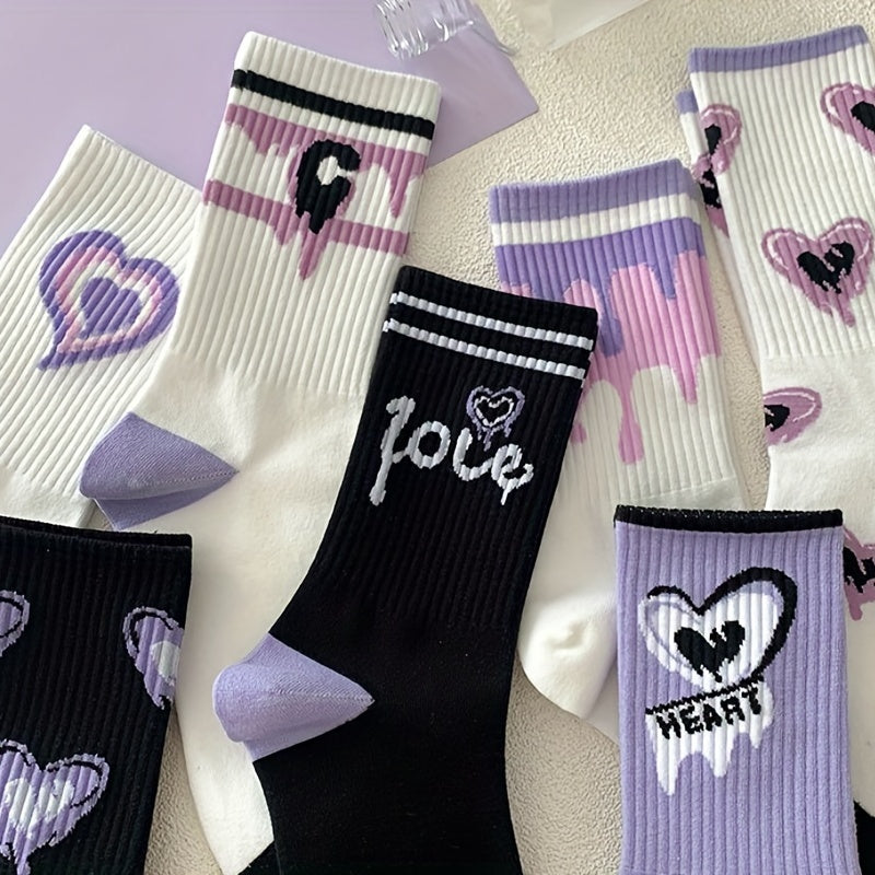 7 Pairs Heart Print Mid Tube Socks Women's Stockings & Hosiery