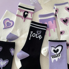 7 Pairs Heart Print Mid Tube Socks Women's Stockings & Hosiery