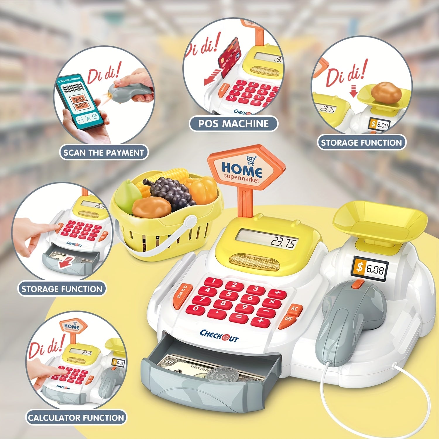 Kids Grocery Store Cash Register Toy Set with Fruit Vending Machine