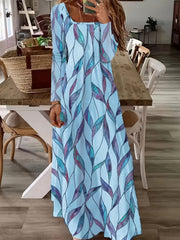 Colorblock Leaf Print Square Neck Maxi Dress