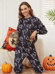 Halloween Ghost Print Pajama Set Long Sleeve Top & Pants Women's Sleepwear