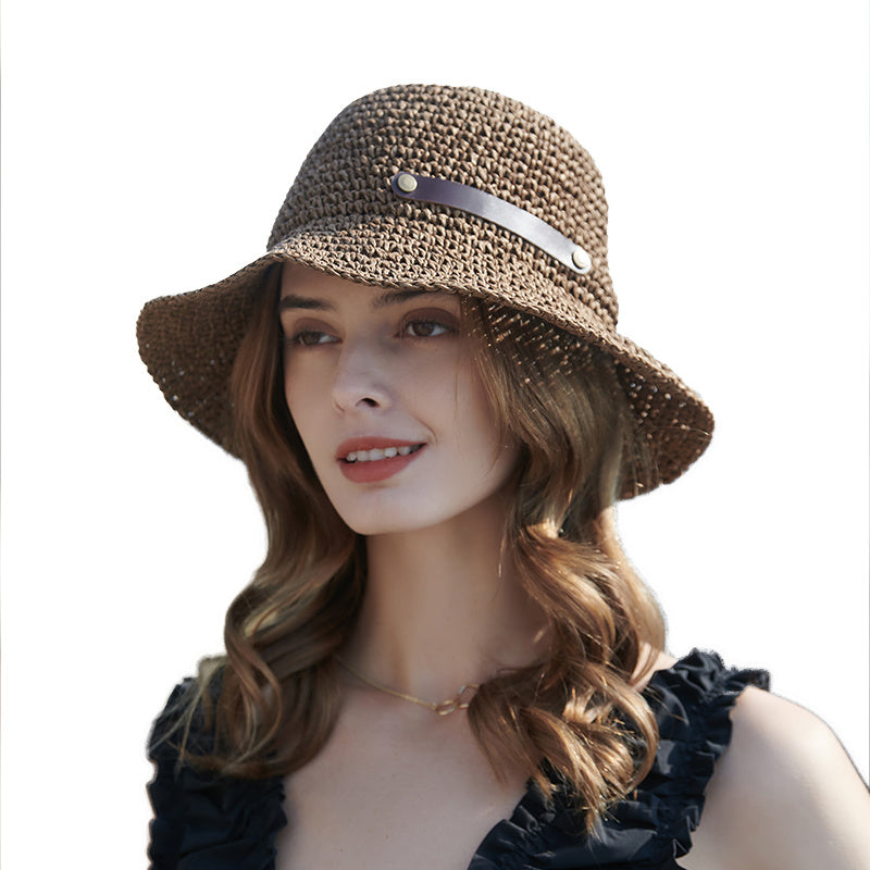 Brown Crochet Bucket Hat Hollow Breathable French Style Straw Hat
