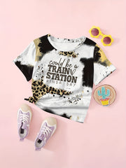 Train Station Print Short Sleeve T-shirt for Girls