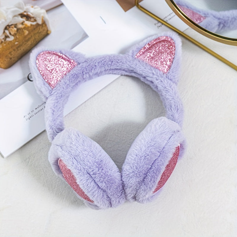 Sequin Peach Heart Cat Ears Earmuffs Plush Winter Warm Ear Cover