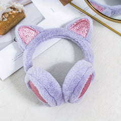 Sequin Peach Heart Cat Ears Earmuffs Plush Winter Warm Ear Cover