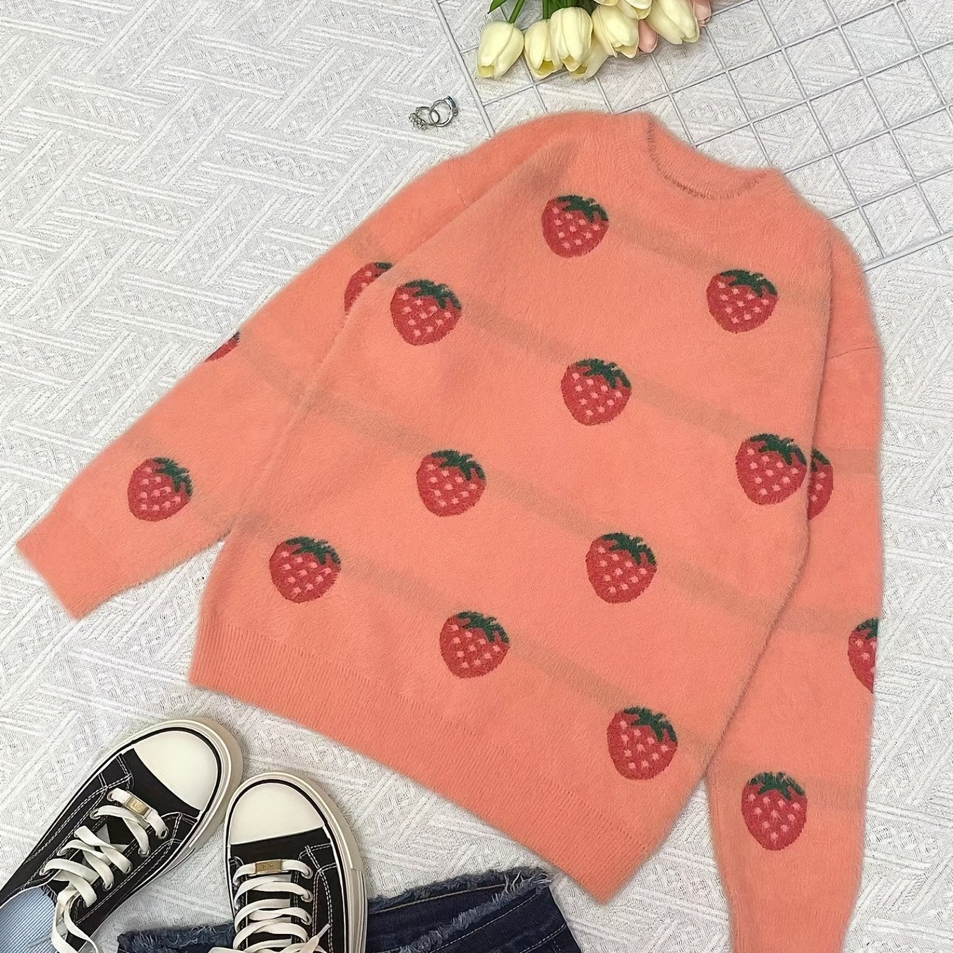 Girls Strawberry Fruit Pattern Sweater Long Sleeve