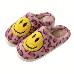 Women's Smile Face Pattern Slippers Leopard Print Plush Lined Shoes