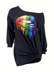 Sexy Rainbow Lip Print One Shoulder Tee