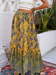 Boho Paisley Print Drawstring Maxi Skirt